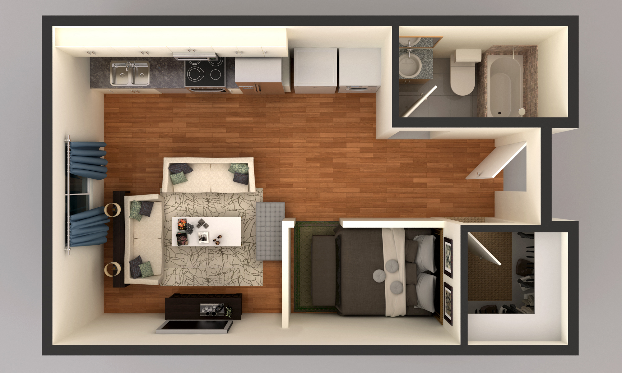 Floor plan for studio, 1 bath, 523 sqft